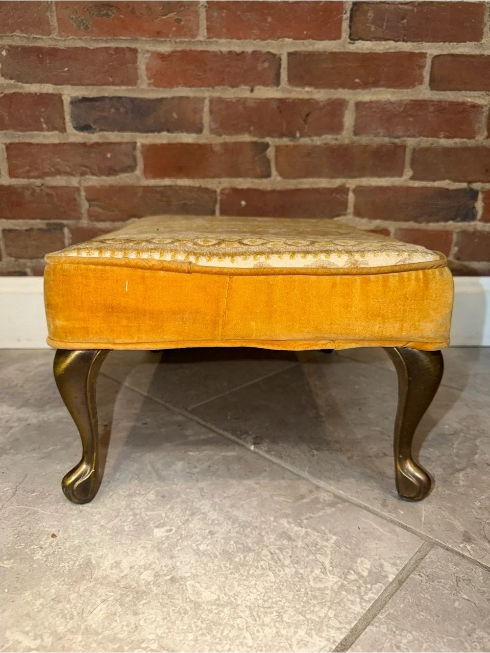 MCM‎ Small Gold Cut Velvet Brass Leg Footstool Ottoman
